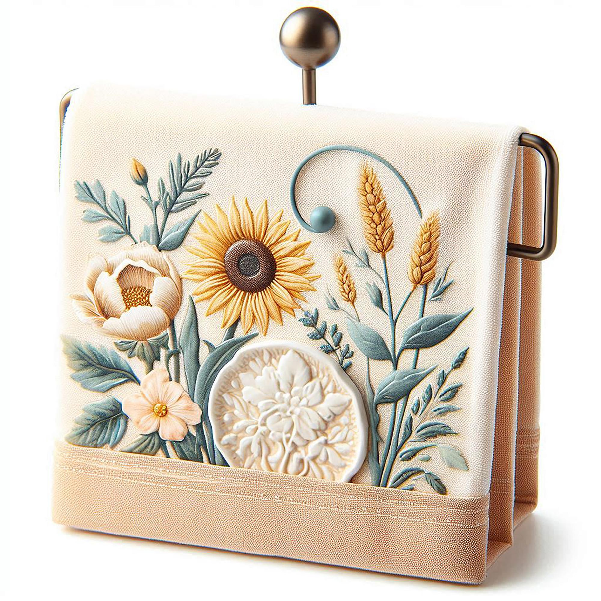 Detailed floral embroidery on linen bag